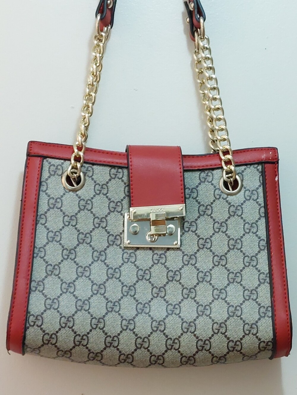 NEW Gucci GG Web Design Monogram Shoulder Bag Red Trim + Red/Gold Metal Strap